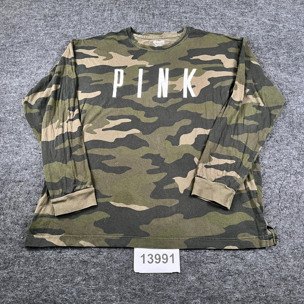 Pink Kinder To The Planet Shirt Womens Large Green Camouflage Cotton Crew Neck